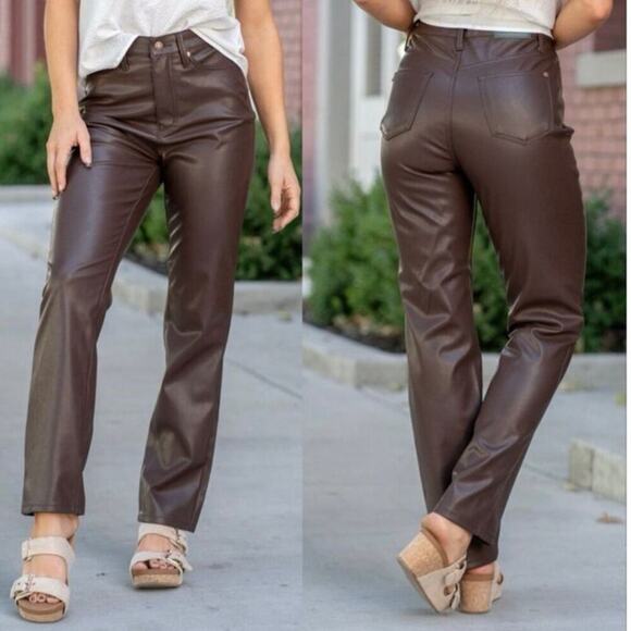 Judy Blue Vegan Faux Leather Tummy Control Top Straight Leg Brown Pants Size 18W - Picture 1 of 16